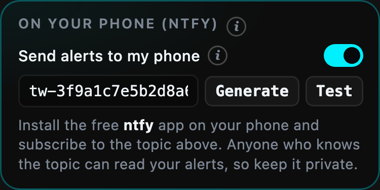 The On your phone (ntfy) section in Traders Window settings, with a generated topic, the switch turned on, and Generate and Test buttons