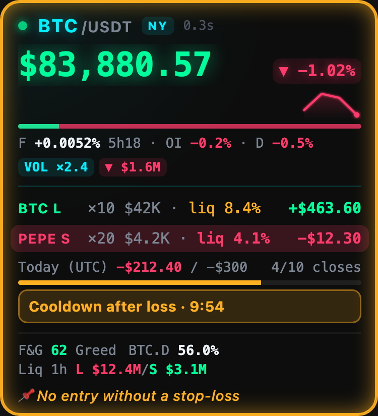 Positions with liquidation distance, today's result, a daily loss meter and a cooldown timer